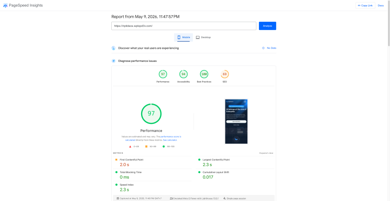 GeneratePress for SaaS Landing Pages: 97 Mobile / 100 Desktop on Google PageSpeed